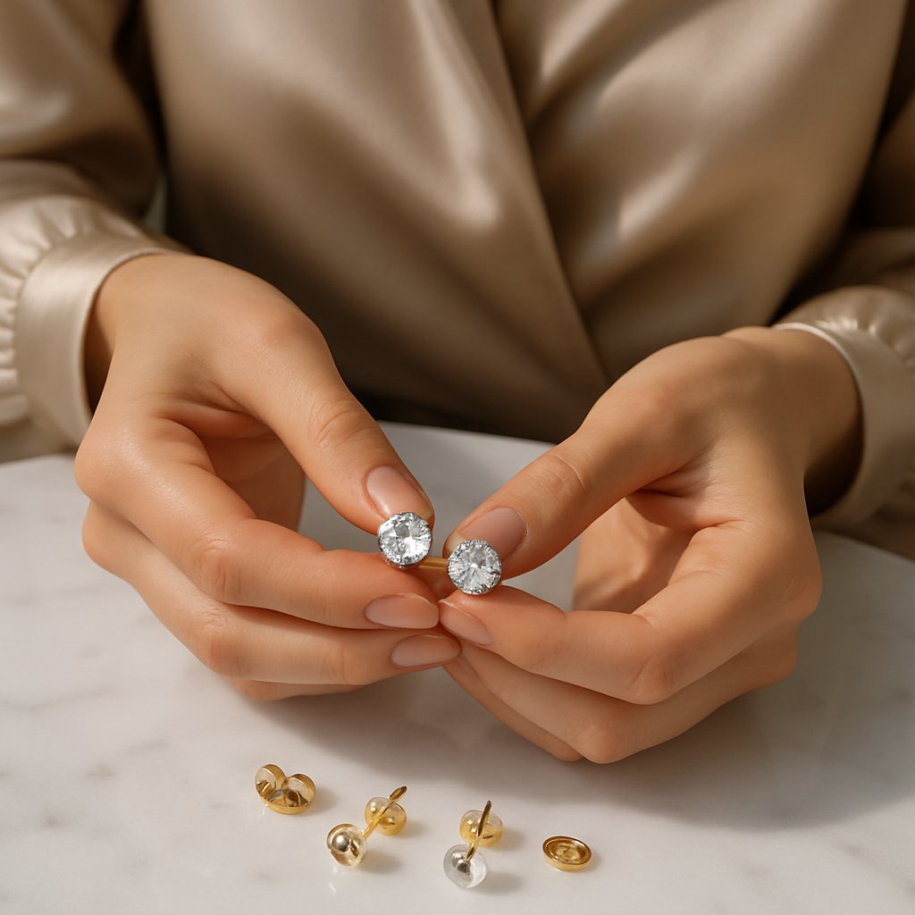 Close-up comparison of different secure earring backings for heavy diamond studs on a velvet background