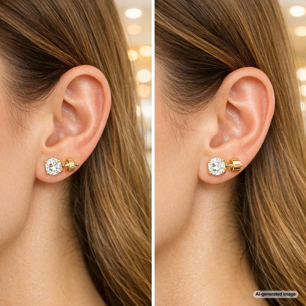 Close-up comparison of screw back and friction back earrings on a woman's earlobe, showcasing the security difference for diamond studs.