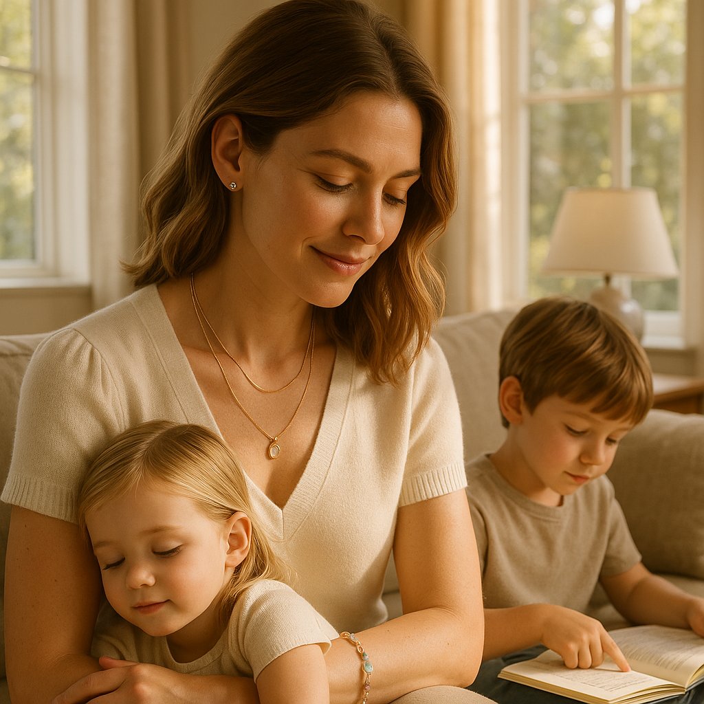 Stylish and durable everyday jewelry for stay-at-home moms, featuring stud earrings, pendants, and bracelets