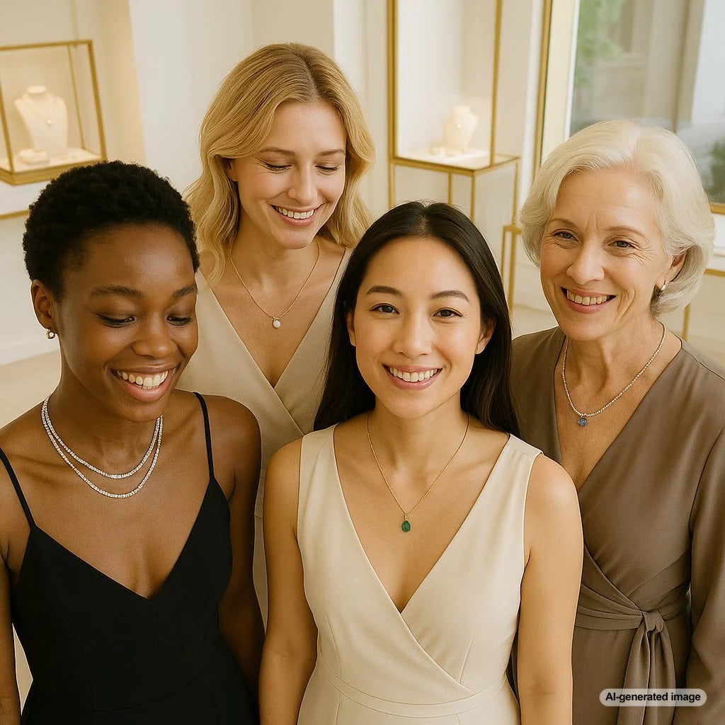 Stylish woman wearing layered delicate gold necklaces with diamond pendants for everyday wear