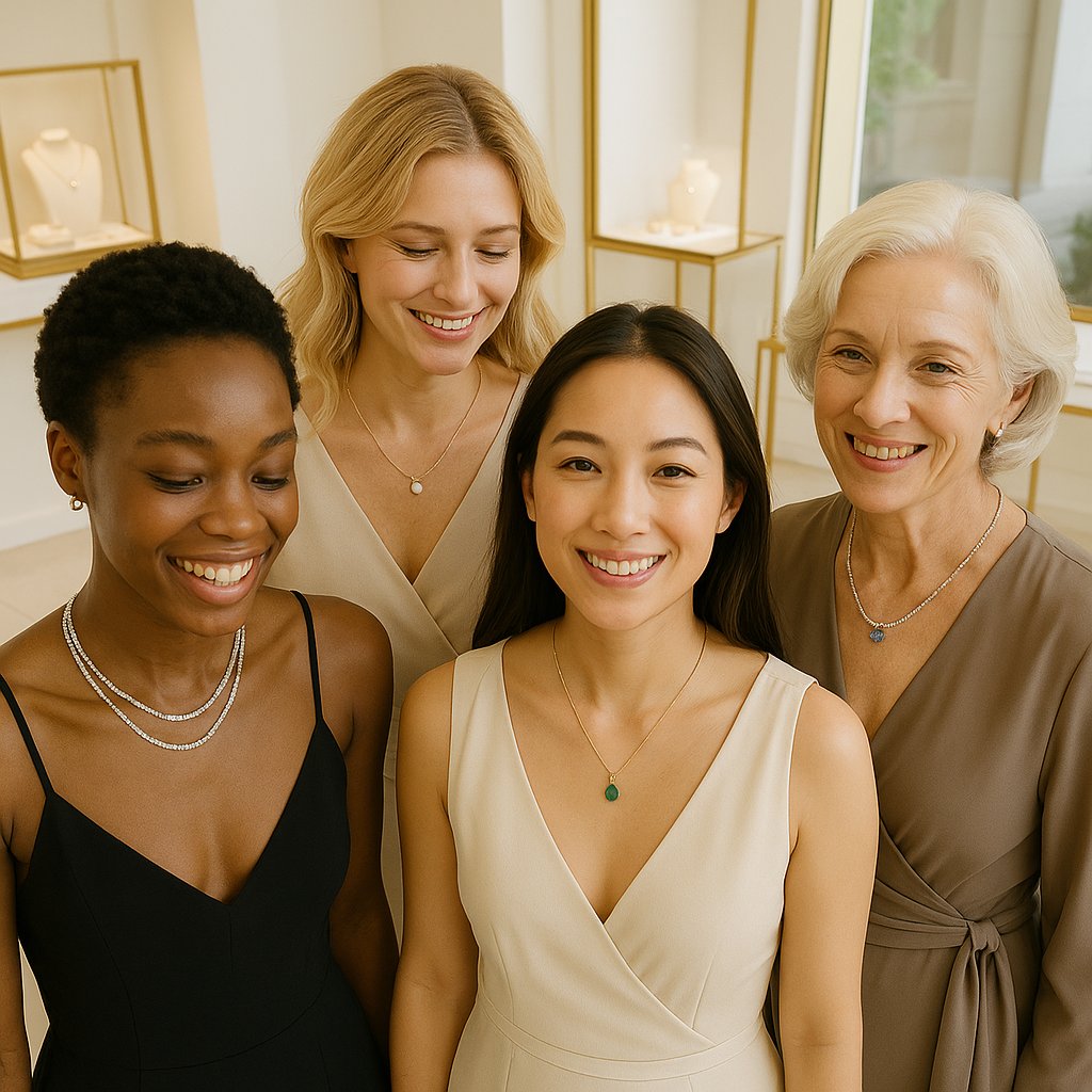 Stylish woman wearing layered delicate gold necklaces with diamond pendants for everyday wear