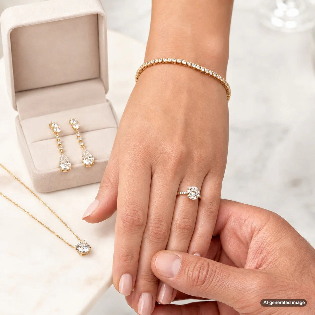 A curated selection of fine jewelry for rehearsal dinner, including diamond drop earrings, a tennis bracelet, and a statement cocktail ring from Robinson's Jewelers