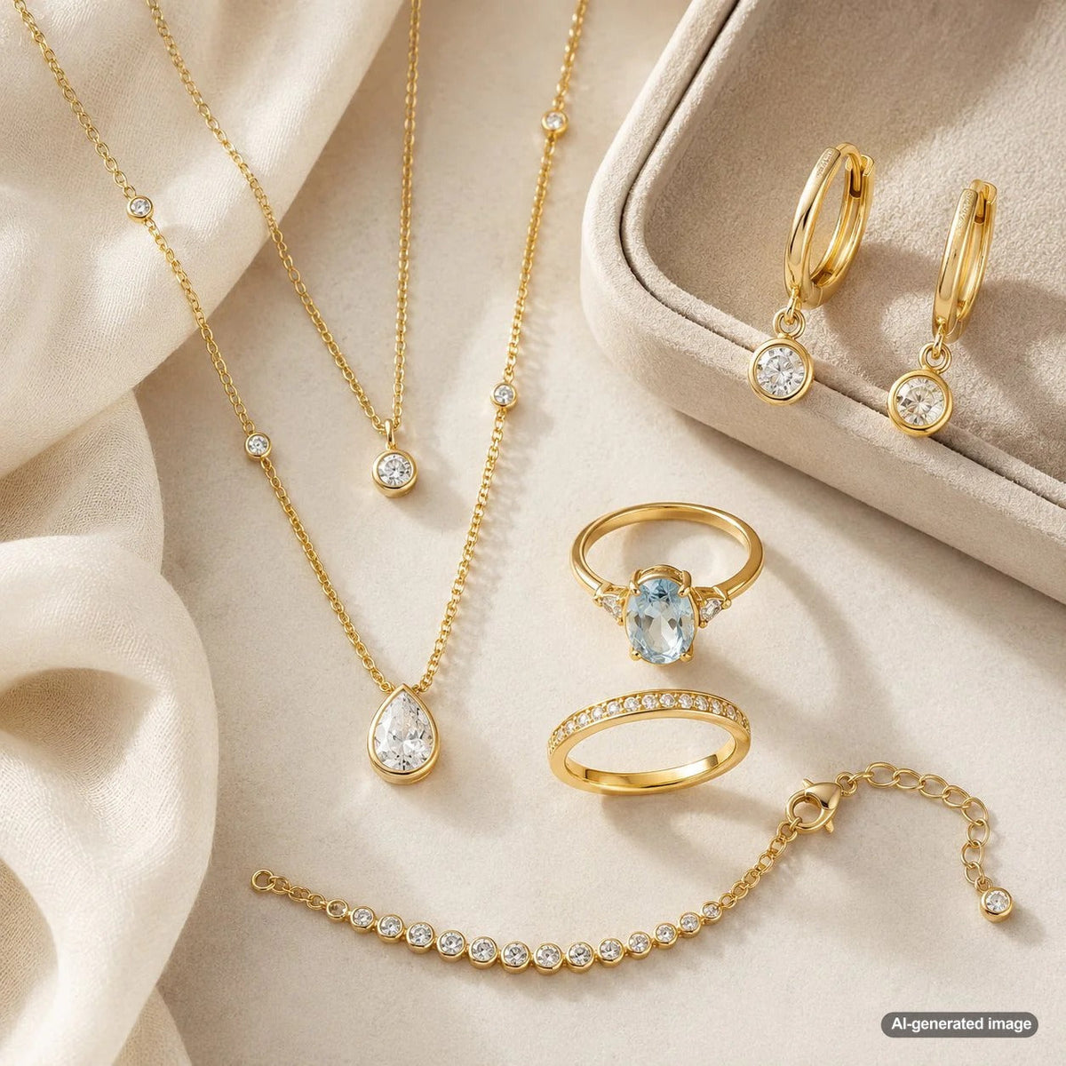 A curated selection of fine jewelry from Robinson's Jewelers perfect for resort wear and vacation travel, featuring gold necklaces, diamond stud earrings, and elegant bracelets.