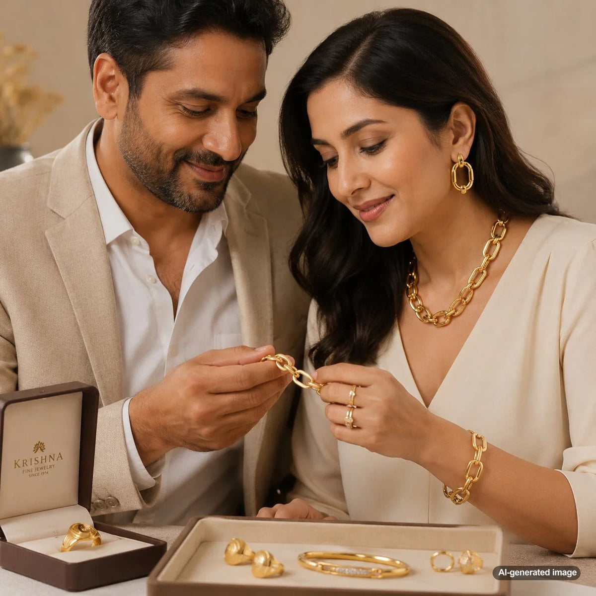 A stunning curation of chunky gold chains, signet rings, and cuff bracelets displayed on a velvet surface representing bold gold jewelry at Robinson's Jewelers.