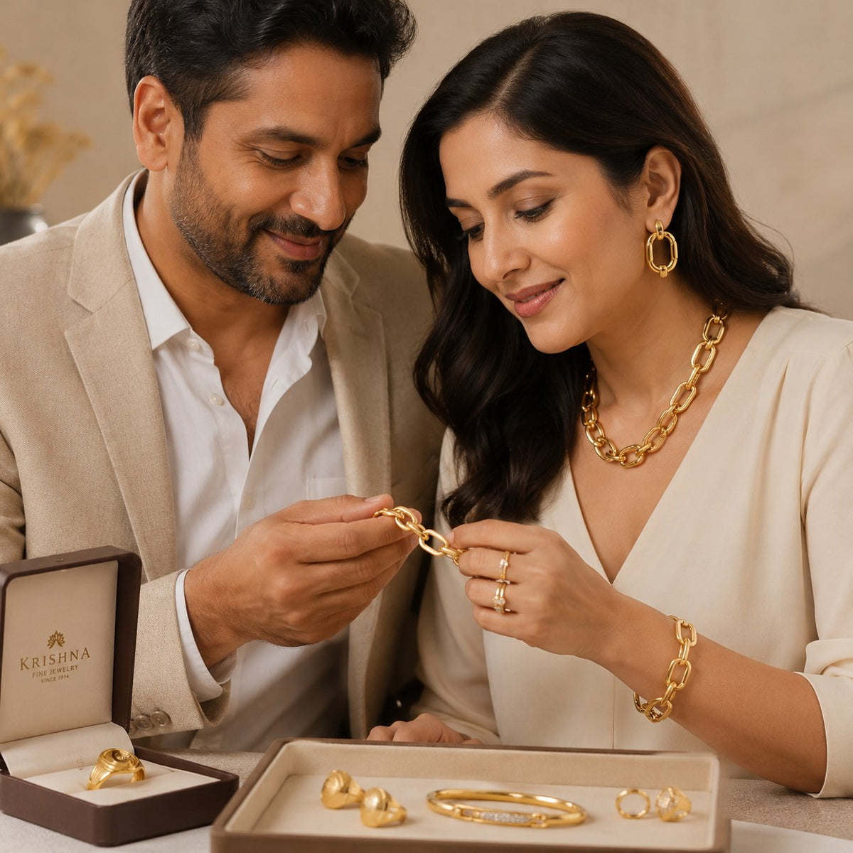 A stunning curation of chunky gold chains, signet rings, and cuff bracelets displayed on a velvet surface representing bold gold jewelry at Robinson's Jewelers.