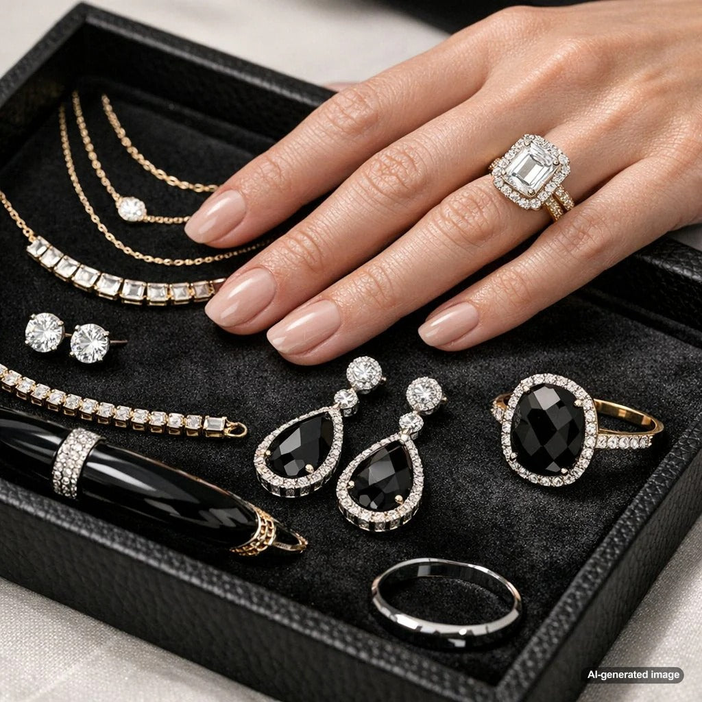 A stunning collection of fine jewelry featuring diamonds, onyx, and sapphires displayed on a minimalist neutral background, perfect for monochrome outfit lovers.