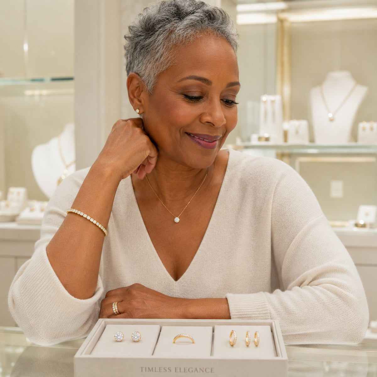 A curated selection of low-maintenance fine jewelry including diamond stud earrings, a gold tennis bracelet, and modern huggie earrings displayed on a neutral surface.