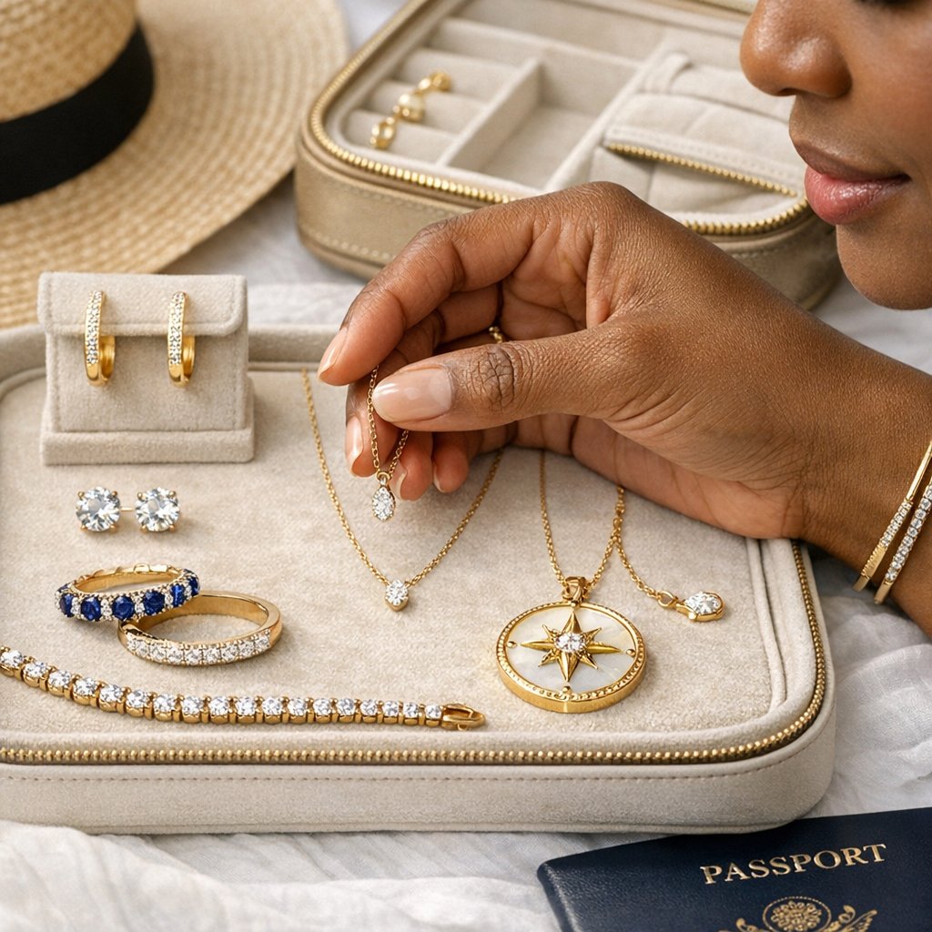 Stylish travel jewelry collection featuring layered necklaces and rings on a suitcase
