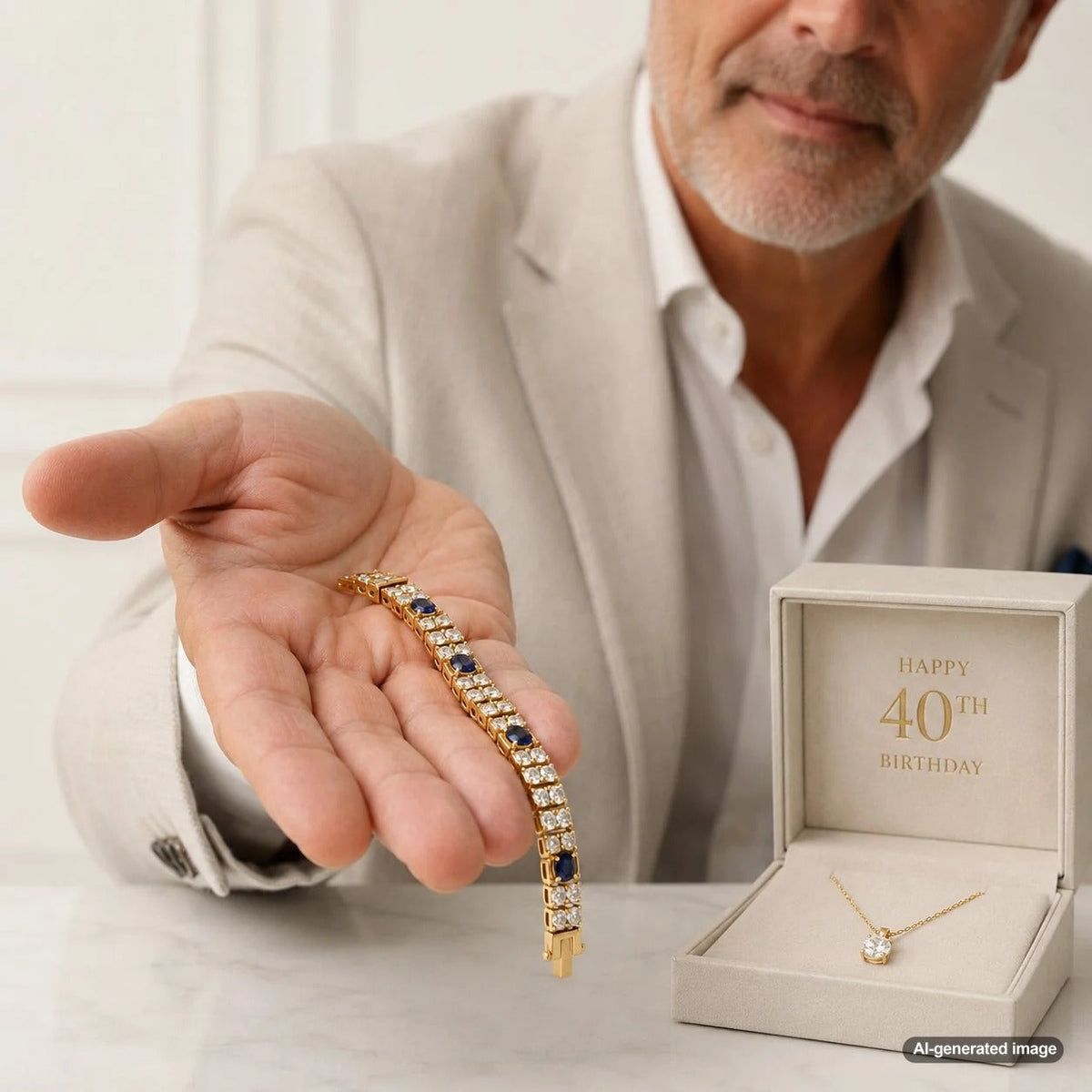 A selection of fine jewelry gifts from Robinson's Jewelers perfect for a 40th birthday celebration, featuring diamond and ruby pieces.