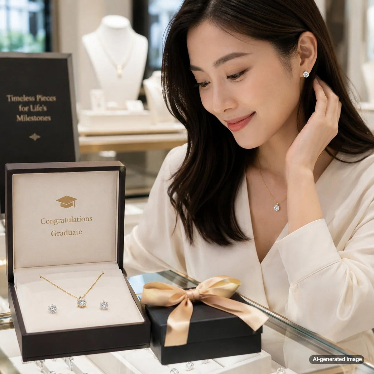 A curated selection of fine jewelry gifts for a daughter's graduation including diamond earrings, a pearl necklace, and a gemstone ring displayed on a graduation cap.