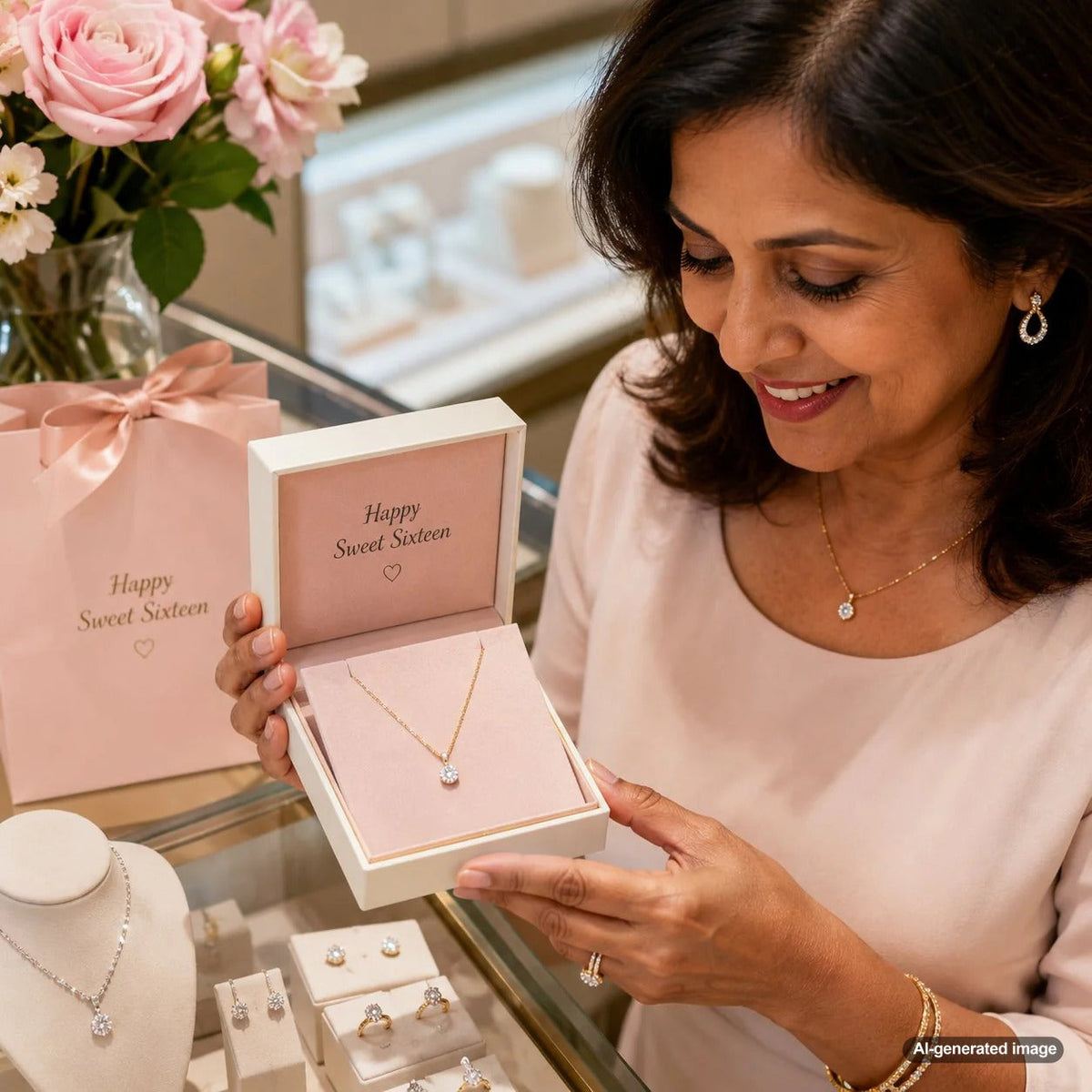 A curated selection of fine jewelry gifts perfect for a Sweet Sixteen birthday, including diamond stud earrings, a birthstone pendant, and a delicate gold bracelet.