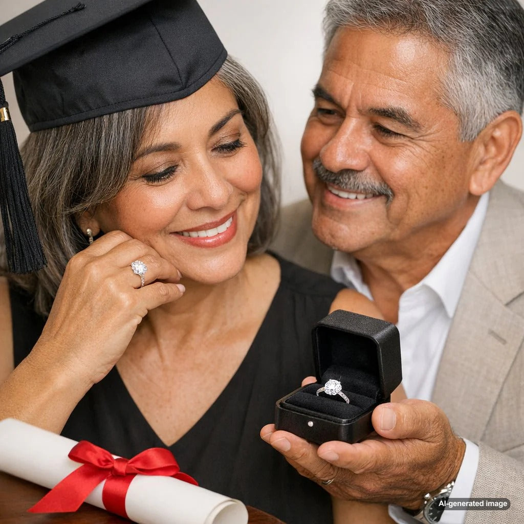 A curated selection of fine jewelry graduation gifts from Robinson's Jewelers including diamond studs, gemstone necklaces, and elegant bracelets arranged on a velvet display.