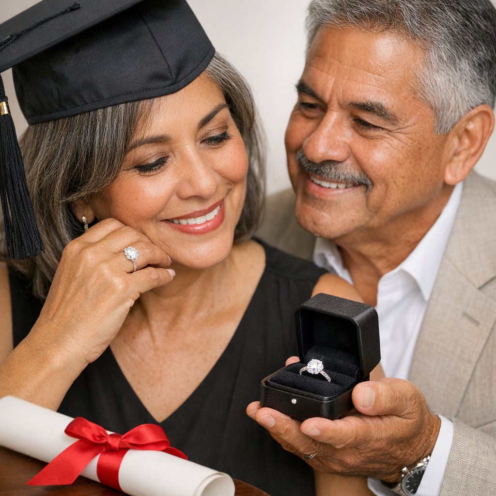 A curated selection of fine jewelry graduation gifts from Robinson's Jewelers including diamond studs, gemstone necklaces, and elegant bracelets arranged on a velvet display.