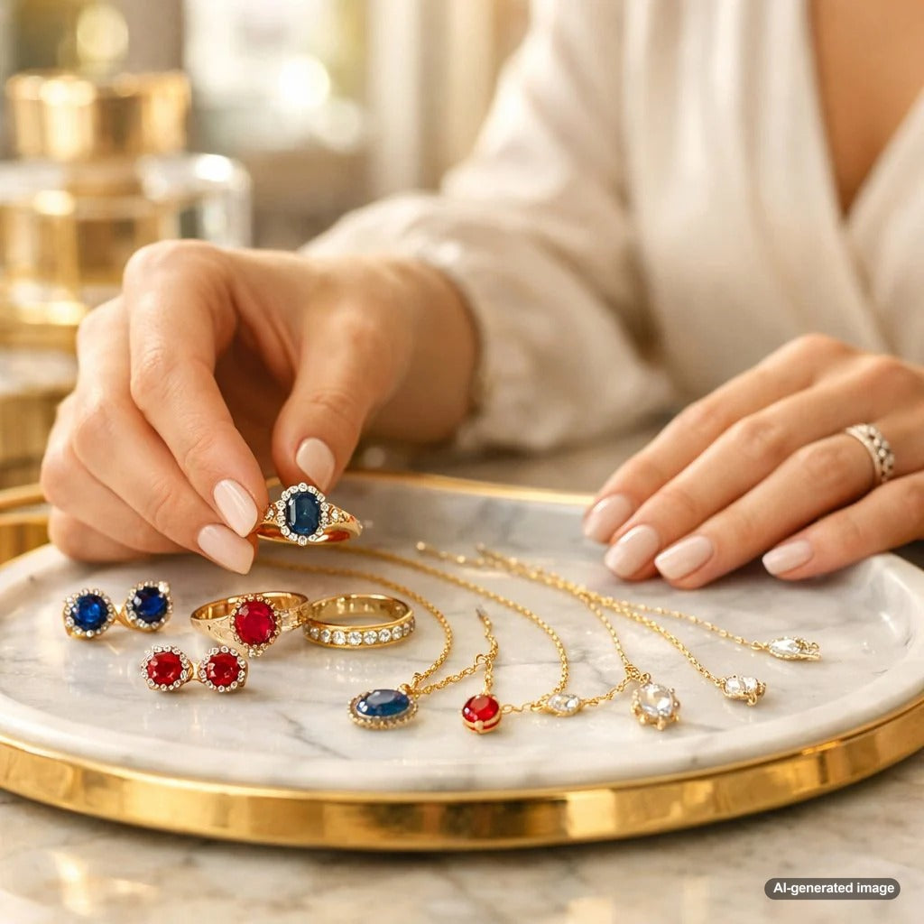 Close-up of a woman's hand wearing durable sapphire and diamond rings from Robinson's Jewelers, ideal for everyday wear.