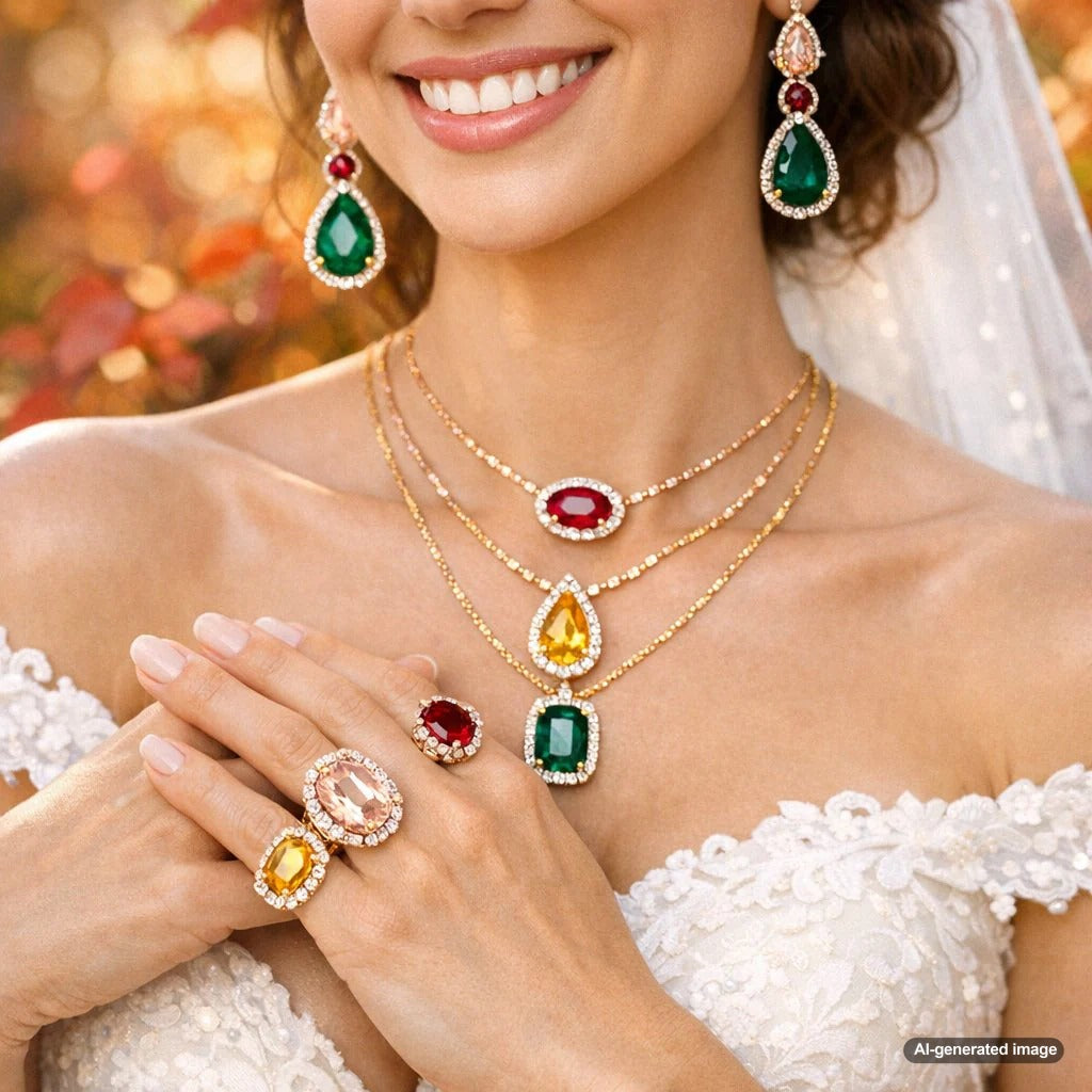 A beautiful flat lay of autumn wedding gemstones including garnet, sapphire, citrine, and topaz rings nestled among fall leaves and pumpkins.