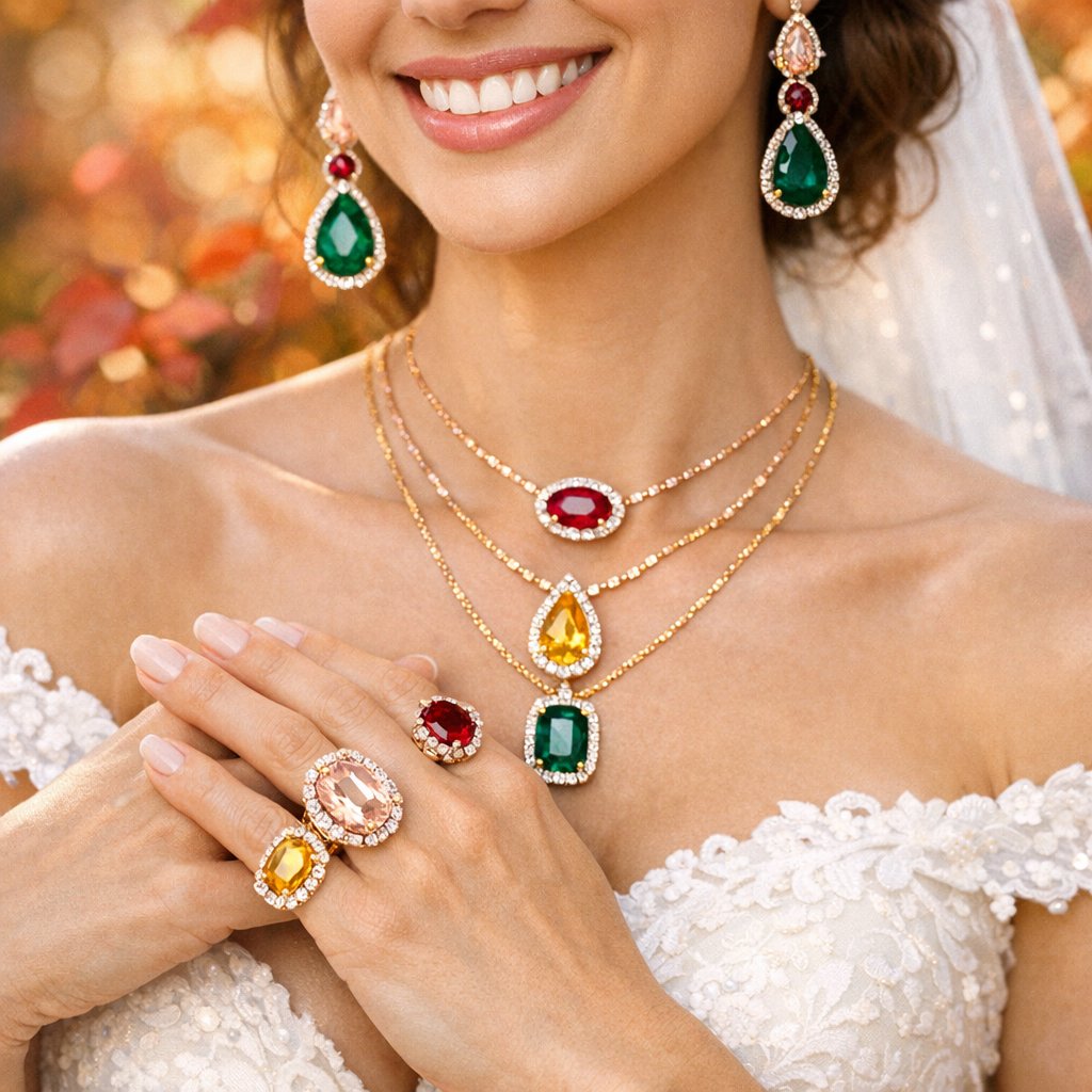 A beautiful flat lay of autumn wedding gemstones including garnet, sapphire, citrine, and topaz rings nestled among fall leaves and pumpkins.