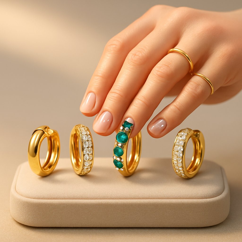 A curated selection of elegant gold and diamond huggie earrings from Robinson's Jewelers, displayed on a velvet background.