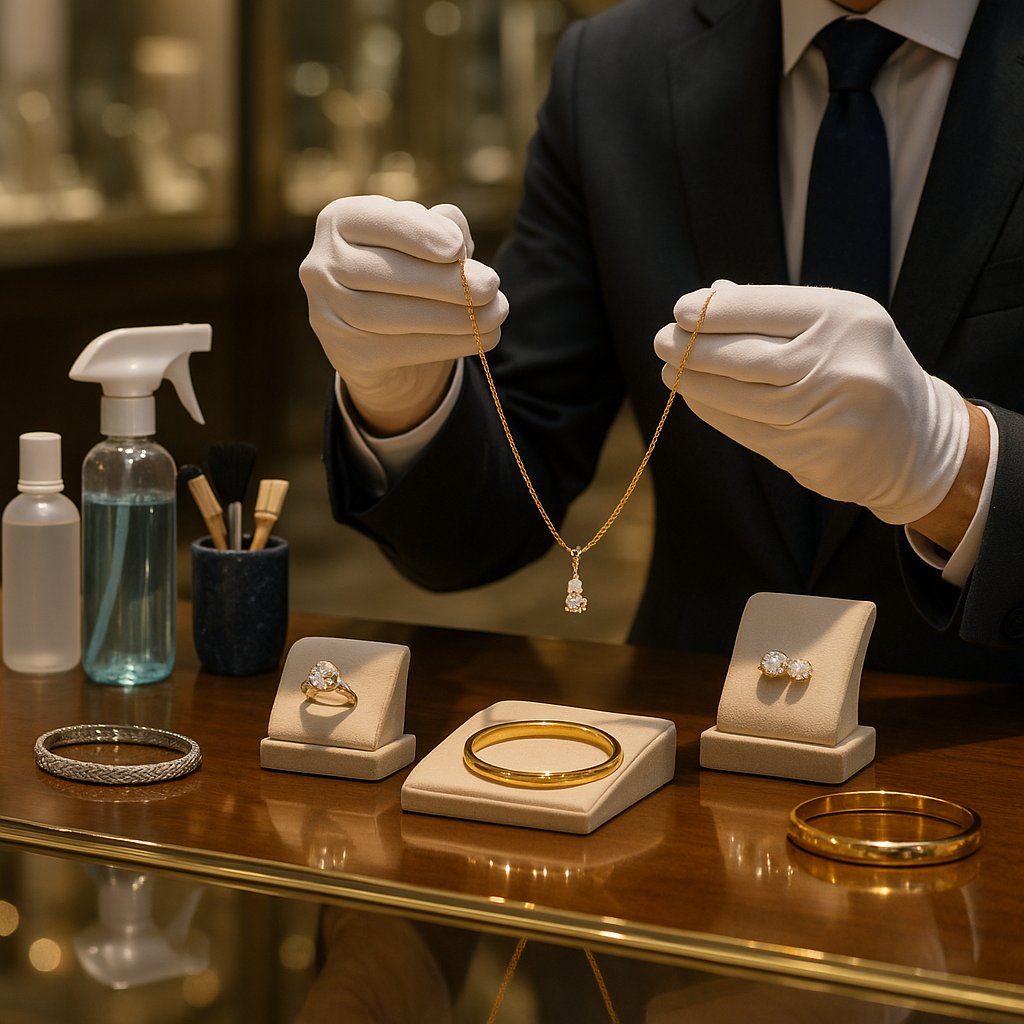 A collection of fine jewelry pieces including rings, necklaces, and bracelets made from gold, silver, and platinum metals