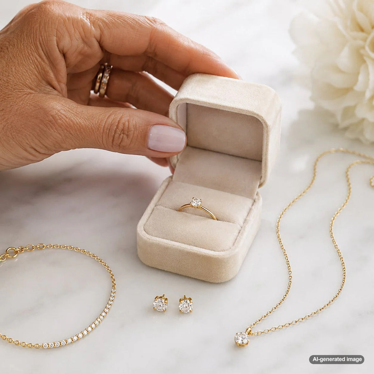 A modern bride wearing elegant diamond stud earrings and a delicate pendant necklace, perfectly styled for a chic courthouse wedding.