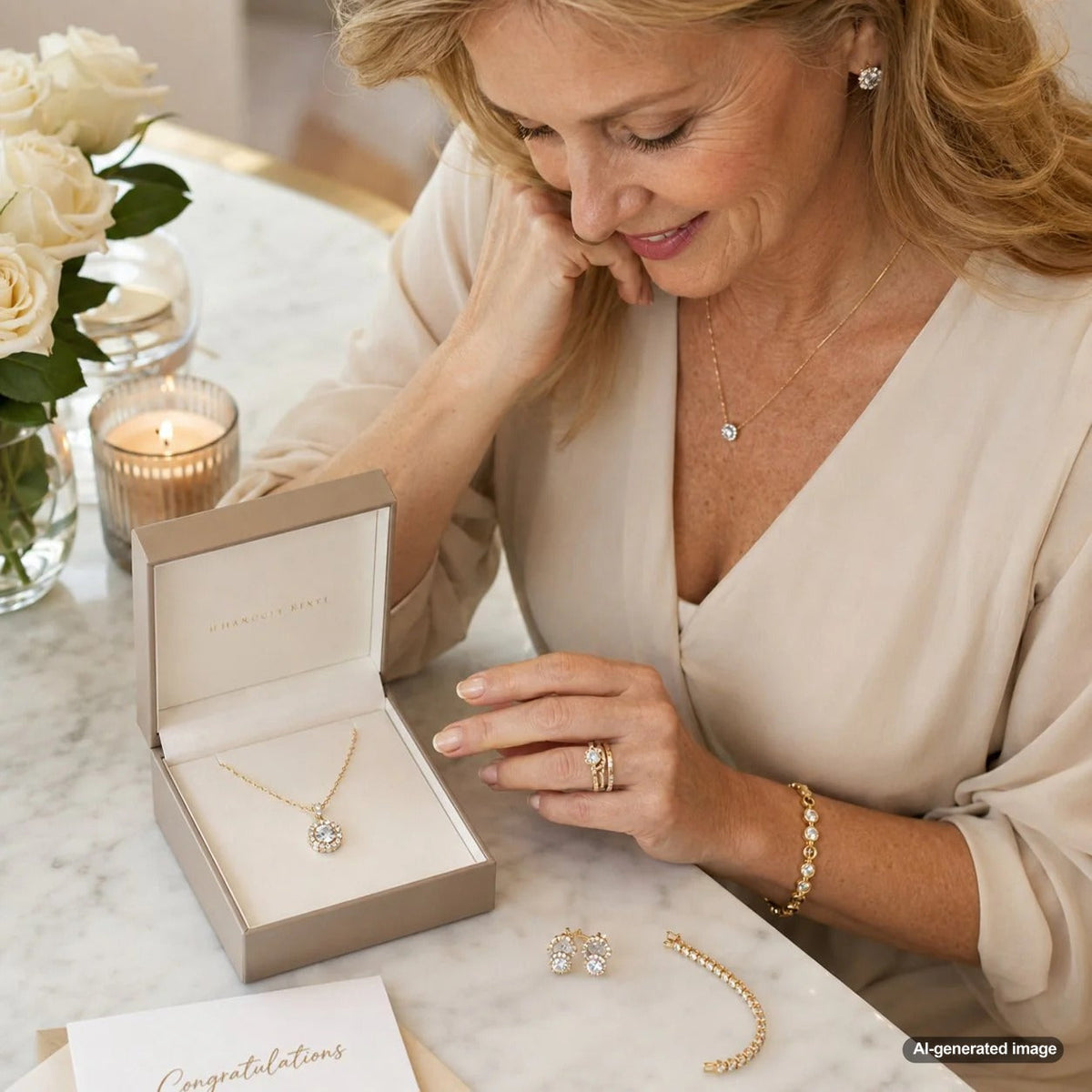 A sophisticated woman celebrates her engagement party wearing a stunning blue dress and dazzling diamond jewelry from Robinson's Jewelers.