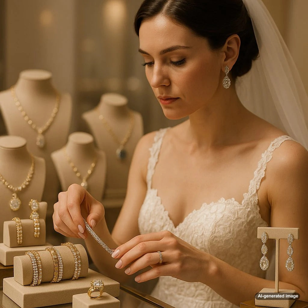 Elegant bridal jewelry collection featuring necklaces, earrings, and bracelets for the modern bride