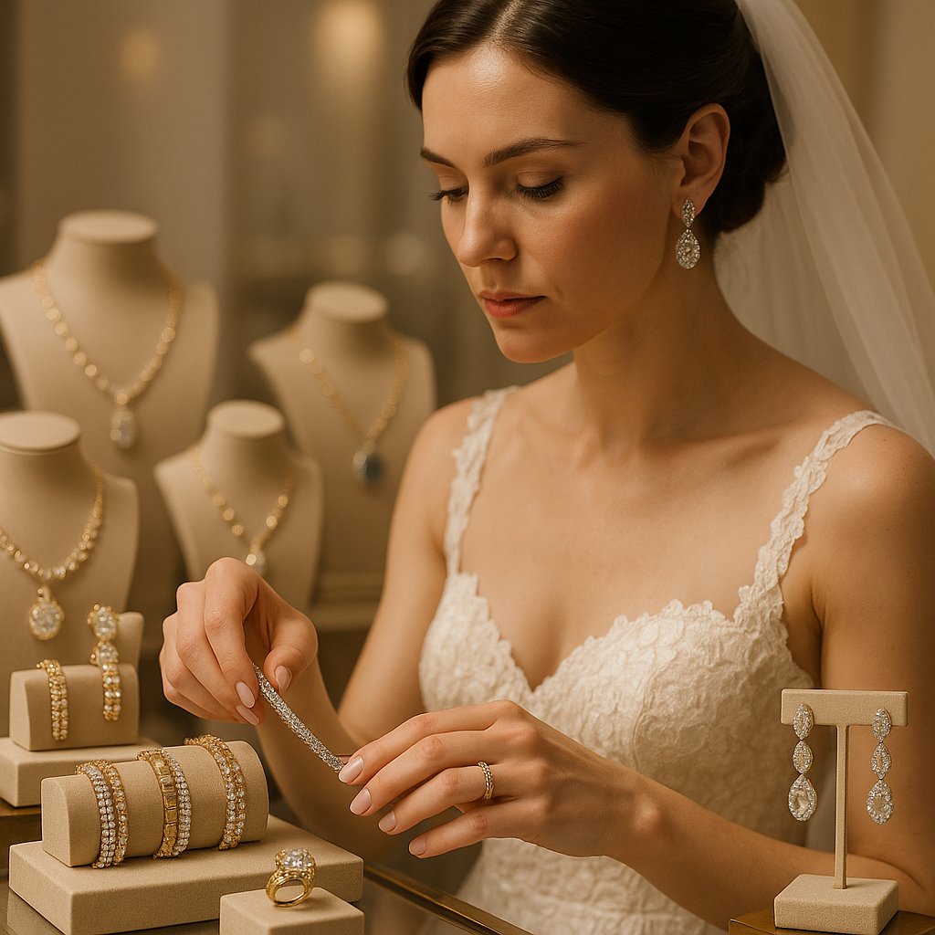 Elegant bridal jewelry collection featuring necklaces, earrings, and bracelets for the modern bride