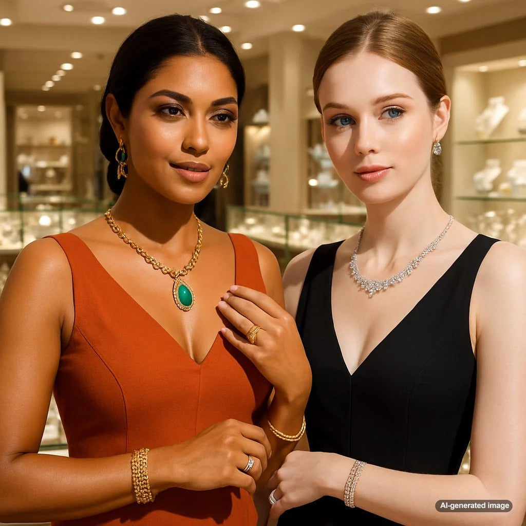 Woman wearing gold and silver jewelry to compare warm vs cool skin tone complements