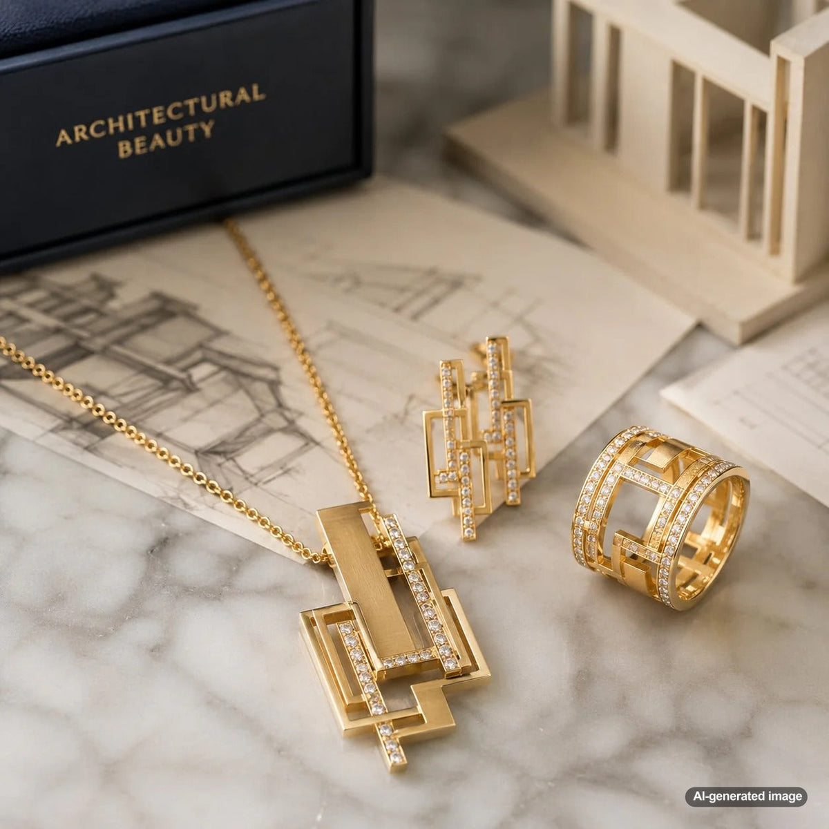 Architectural design jewelry collection featuring geometric rings, structural cuffs, and linear drop earrings on a modern display