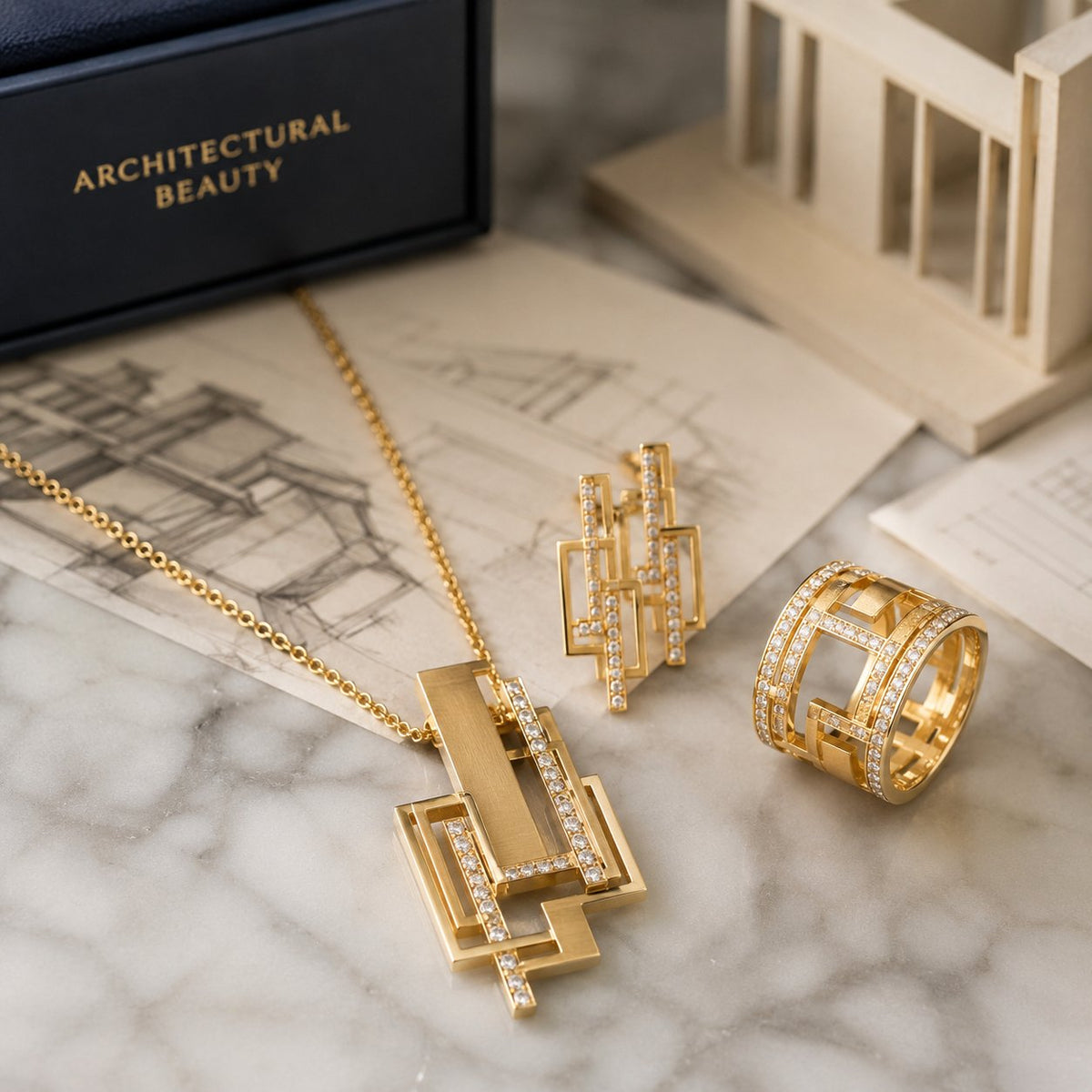 Architectural design jewelry collection featuring geometric rings, structural cuffs, and linear drop earrings on a modern display