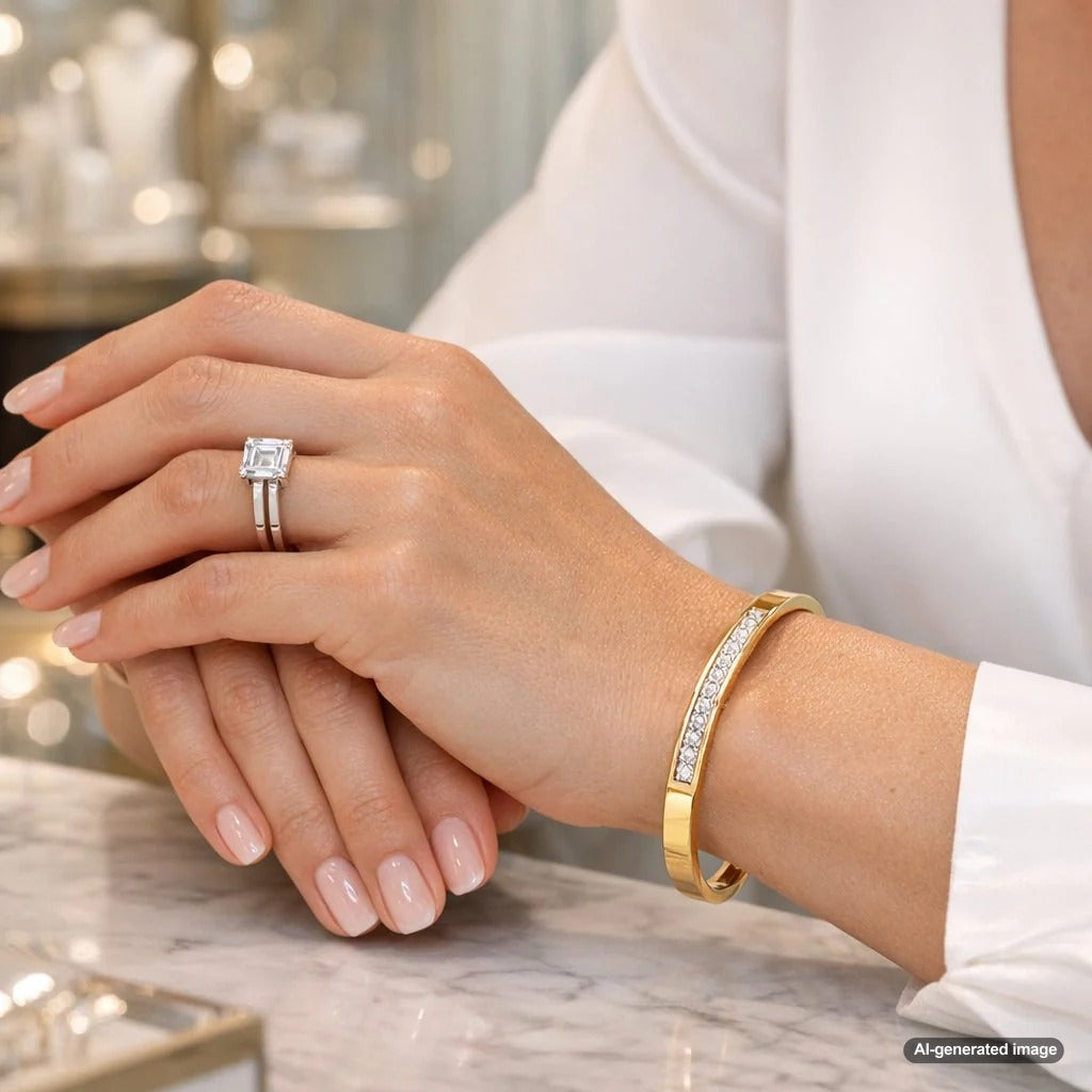 Clean lines modern jewelry collection including geometric rings, bar necklaces, and sharp cuff bracelets on a minimalist display.