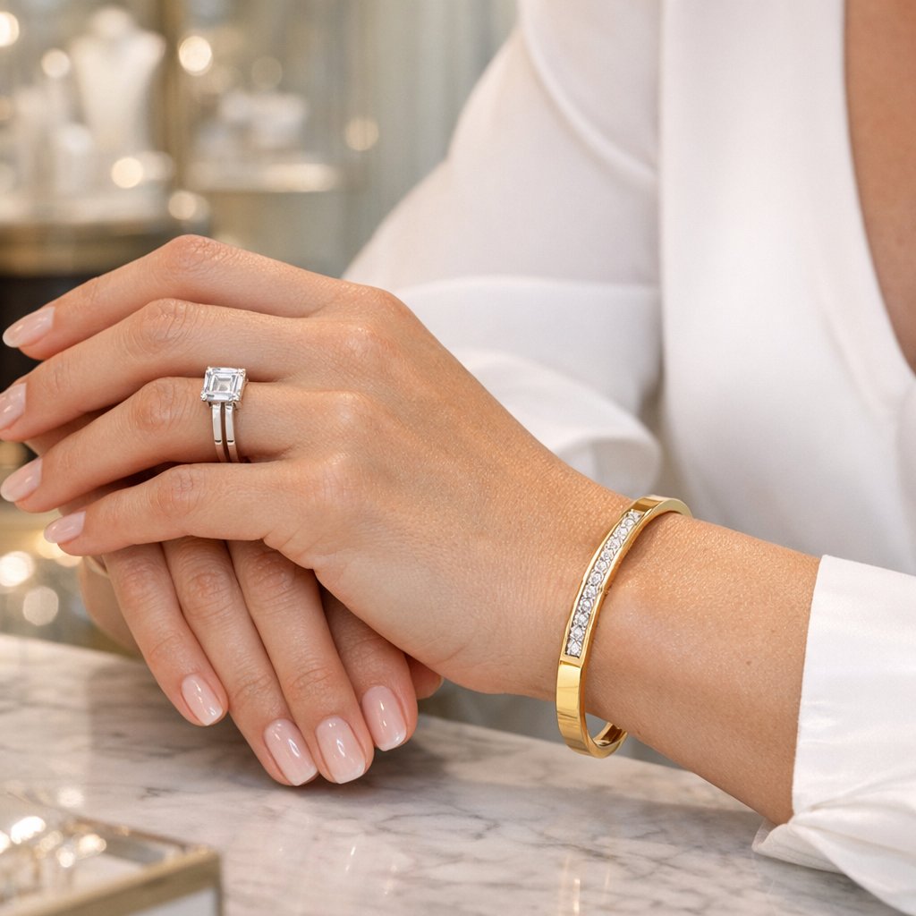 Clean lines modern jewelry collection including geometric rings, bar necklaces, and sharp cuff bracelets on a minimalist display.