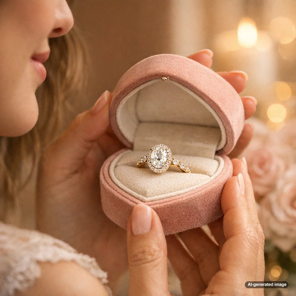 A curated collection of romantic jewelry featuring rose gold rings, heart pendants, and nature-inspired diamond pieces on a soft pink velvet background.