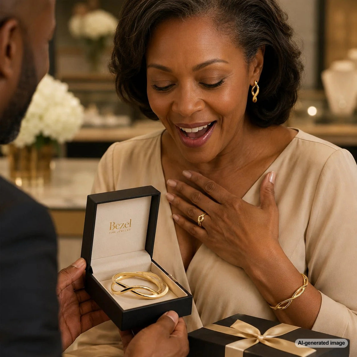 Sculptural design jewelry collection featuring bold gold rings and architectural bracelets at Robinson's Jewelers