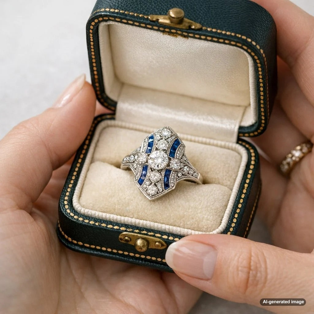 Vintage style jewelry collection displayed on an antique background featuring milgrain details and colored gemstones at Robinsons Jewelers