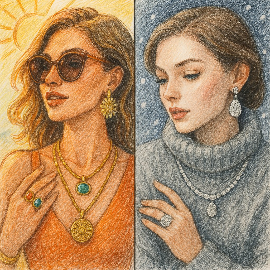 Seasonal jewelry display showing summer and winter appropriate pieces including aquamarine and ruby gemstones