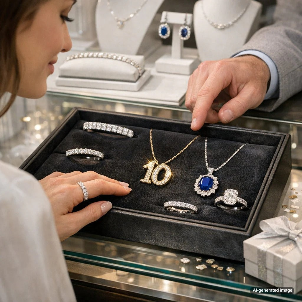 Close up of elegant diamond and gemstone rings arranged on velvet for 10th anniversary jewelry gifts