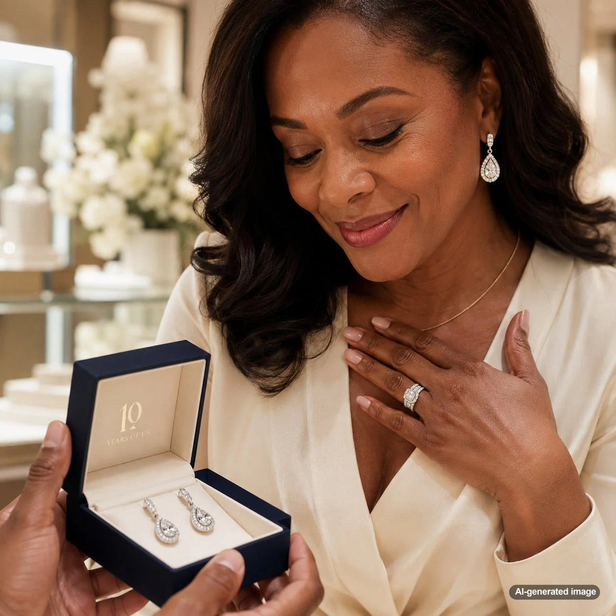 Diamond jewelry for a 10th anniversary displayed on a satin surface.