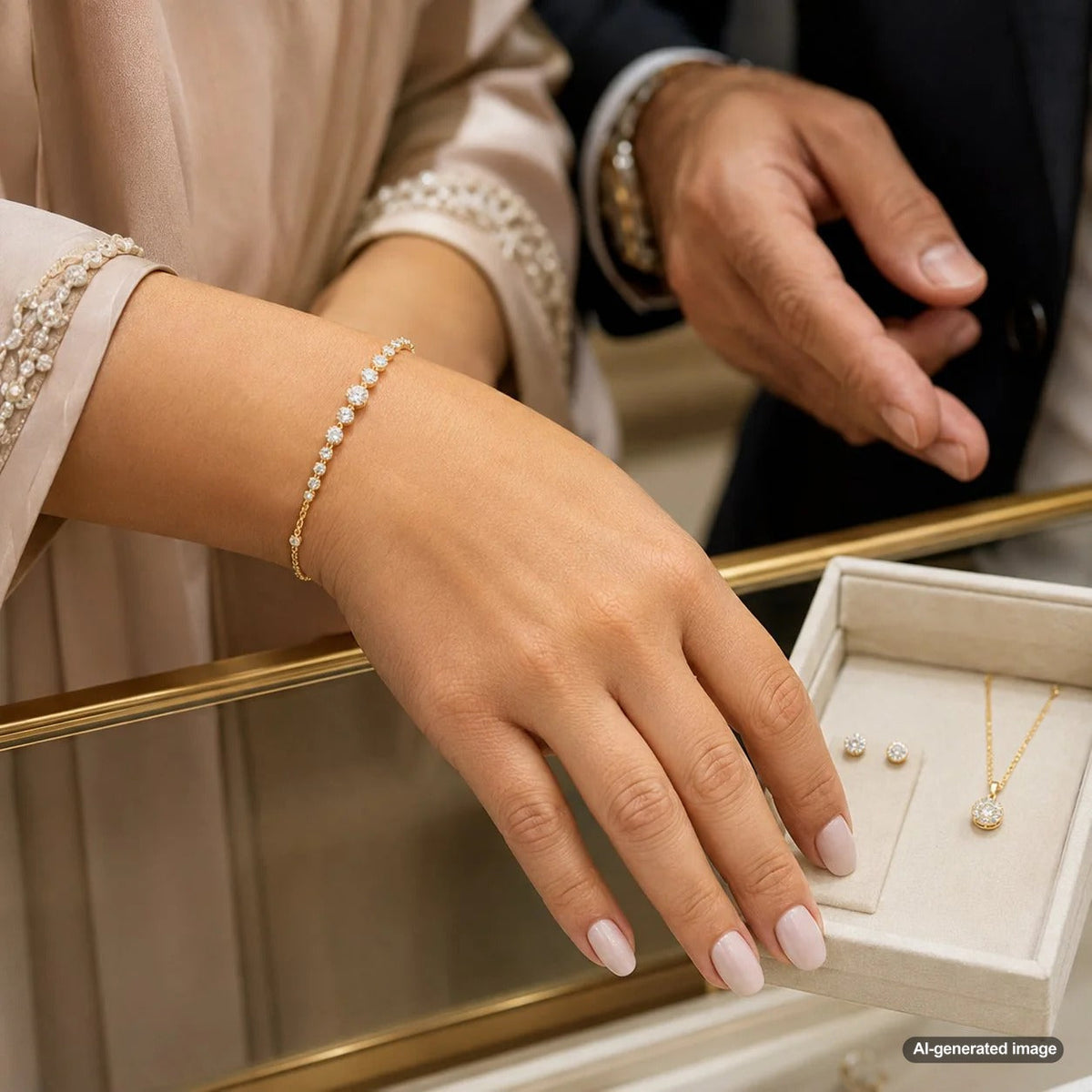 A collection of elegant jewelry gifts for bridesmaids from Robinson's Jewelers, including necklaces, earrings, and bracelets.