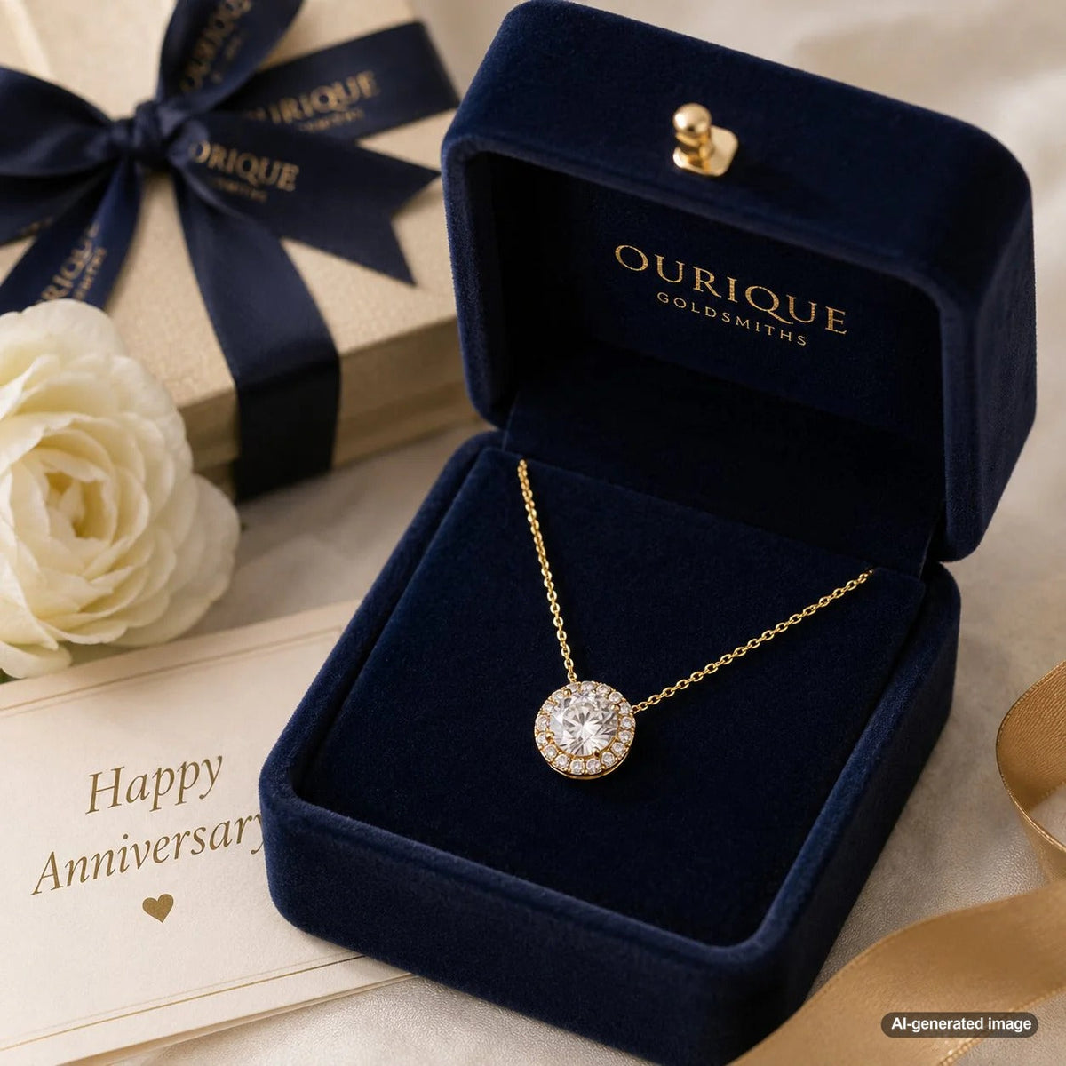 A stunning display of first anniversary jewelry gifts including diamond studs, a paperclip chain bracelet, and a pearl necklace on a velvet tray.