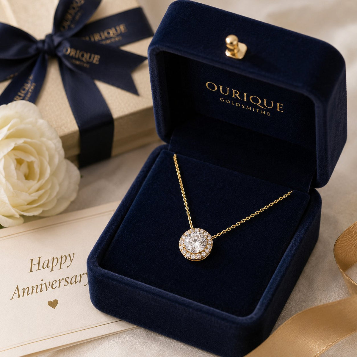 A stunning display of first anniversary jewelry gifts including diamond studs, a paperclip chain bracelet, and a pearl necklace on a velvet tray.