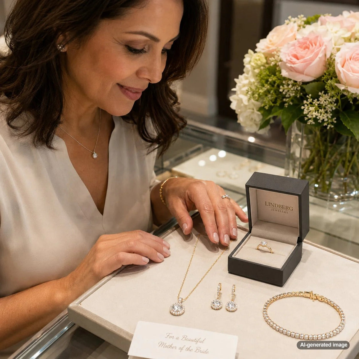 A stunning selection of fine jewelry gifts for the mother of the bride, featuring diamond necklaces, pearl earrings, and elegant bracelets from Robinson's Jewelers.