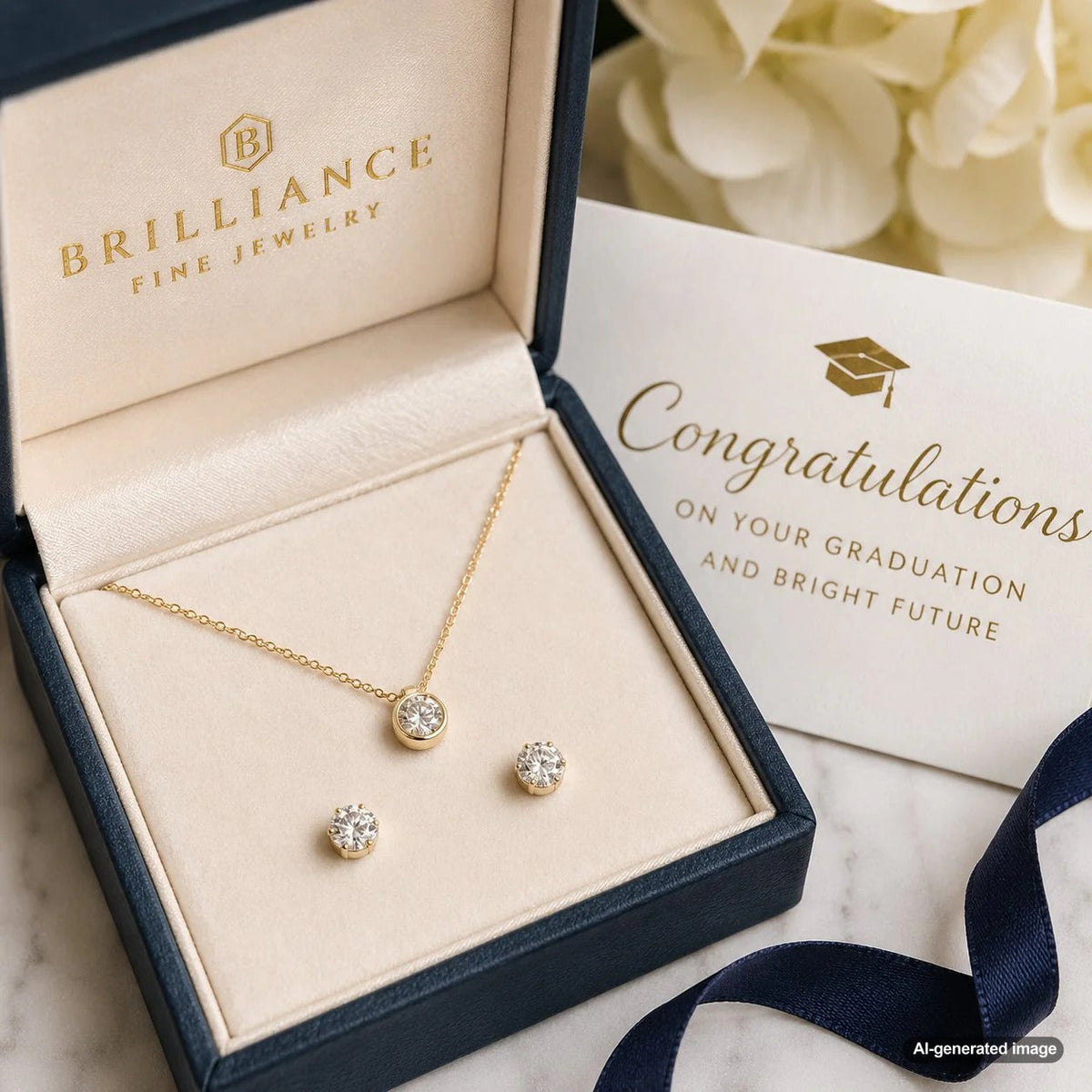A curation of elegant jewelry pieces perfect for graduation, including diamond stud earrings, a tennis bracelet, and a modern watch laid out on a light marble surface representing a new career start.
