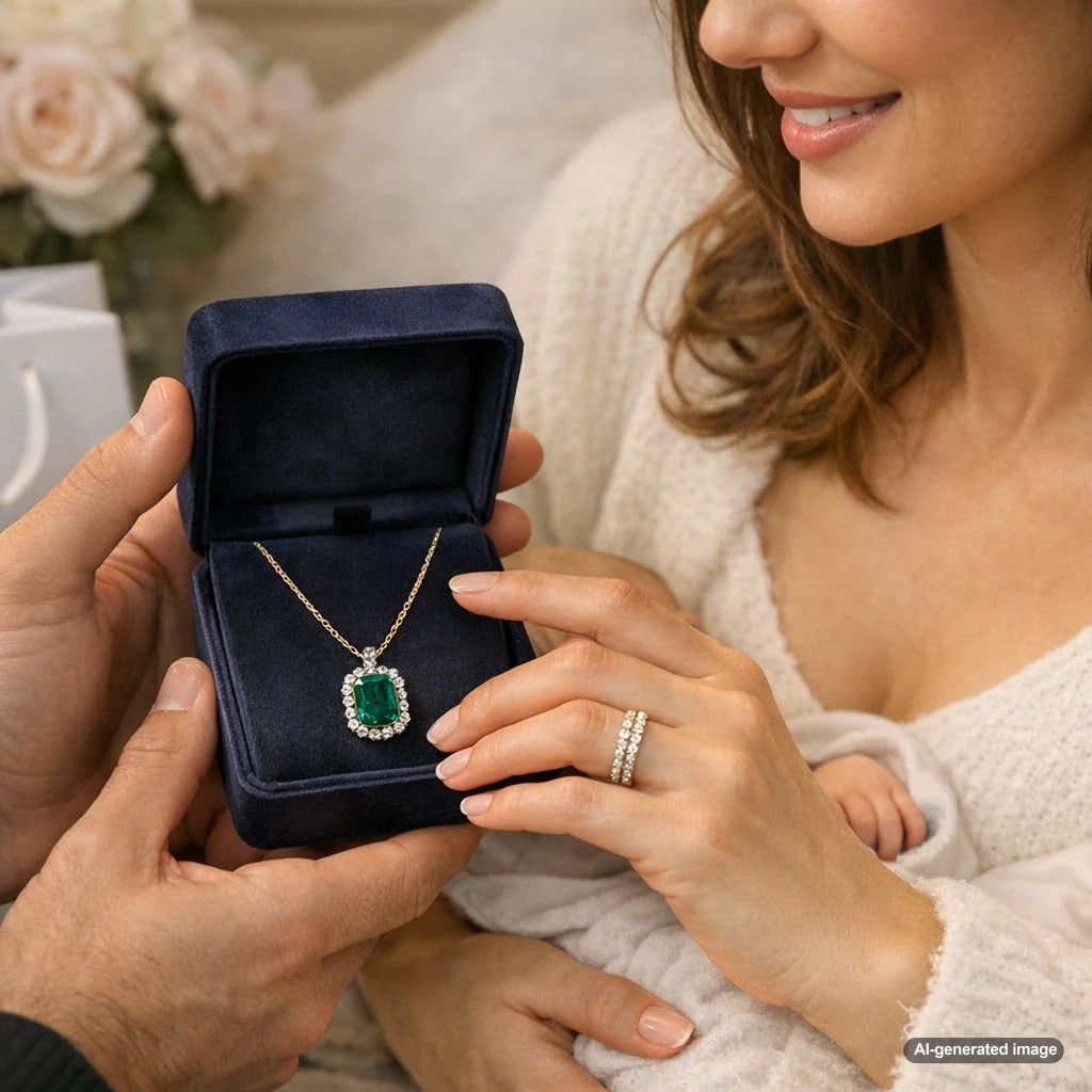 Stylish push present jewelry collection including gemstone rings, pearl necklaces, and personalized bracelets from Robinson's Jewelers