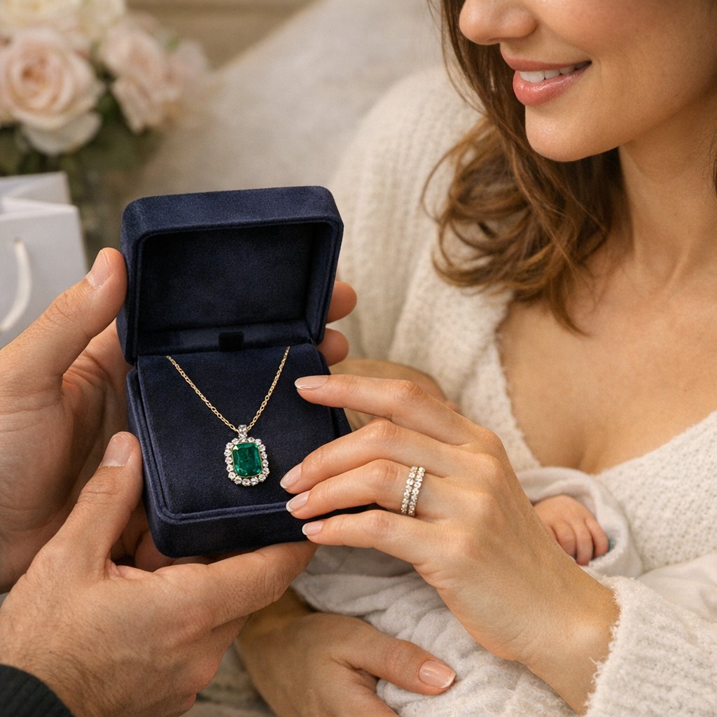 Stylish push present jewelry collection including gemstone rings, pearl necklaces, and personalized bracelets from Robinson's Jewelers