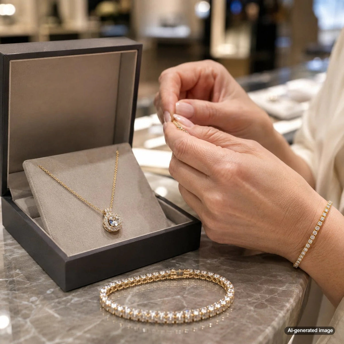 A stunning display of elegant jewelry gifts for a retirement celebration, featuring sparkling diamond bracelets, rings, and necklaces from Robinson's Jewelers.