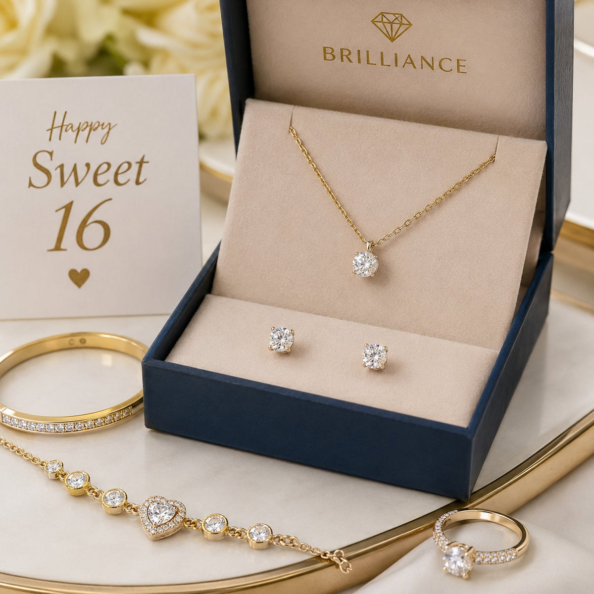 A curated selection of fine jewelry gifts perfect for a Sweet 16 birthday, including diamond studs, a heart pendant, and a charm bracelet displayed on a soft pink background.