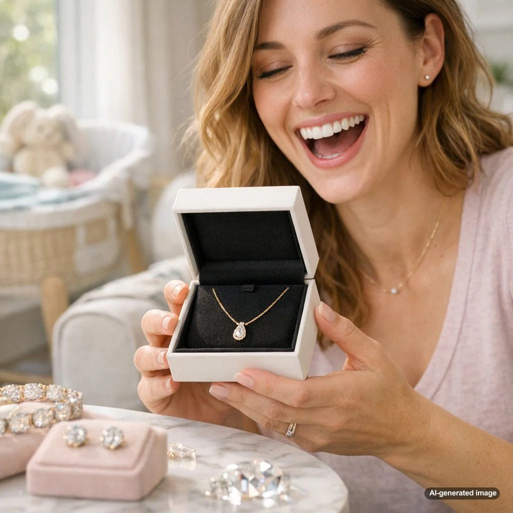 A beautiful new mother smiling while wearing delicate diamond stud earrings and holding her newborn baby's hand, showcasing perfect push present jewelry.