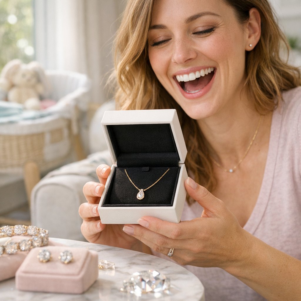 A beautiful new mother smiling while wearing delicate diamond stud earrings and holding her newborn baby's hand, showcasing perfect push present jewelry.