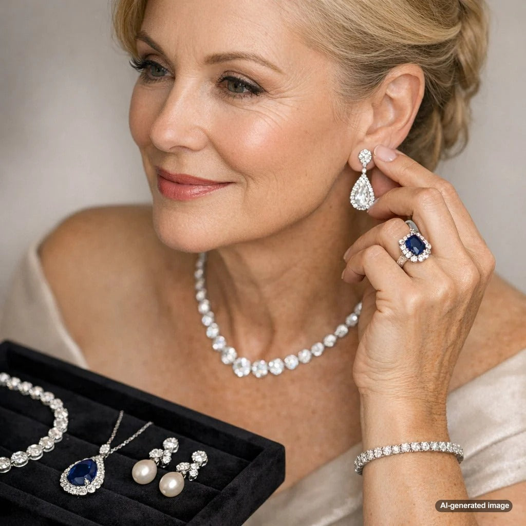 Elegant diamond jewelry set for mother of the bride including a tennis necklace and stud earrings