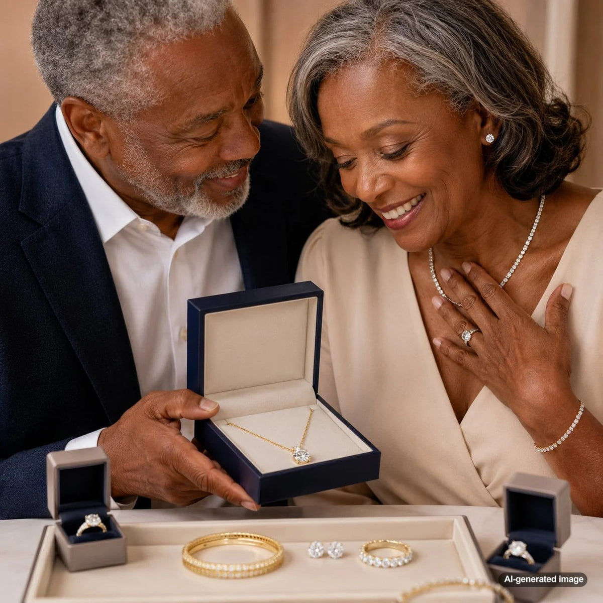 A curated selection of luxury jewelry pieces including diamond stud earrings, a tennis bracelet, a cocktail ring, and a gold chain necklace displayed on a velvet surface
